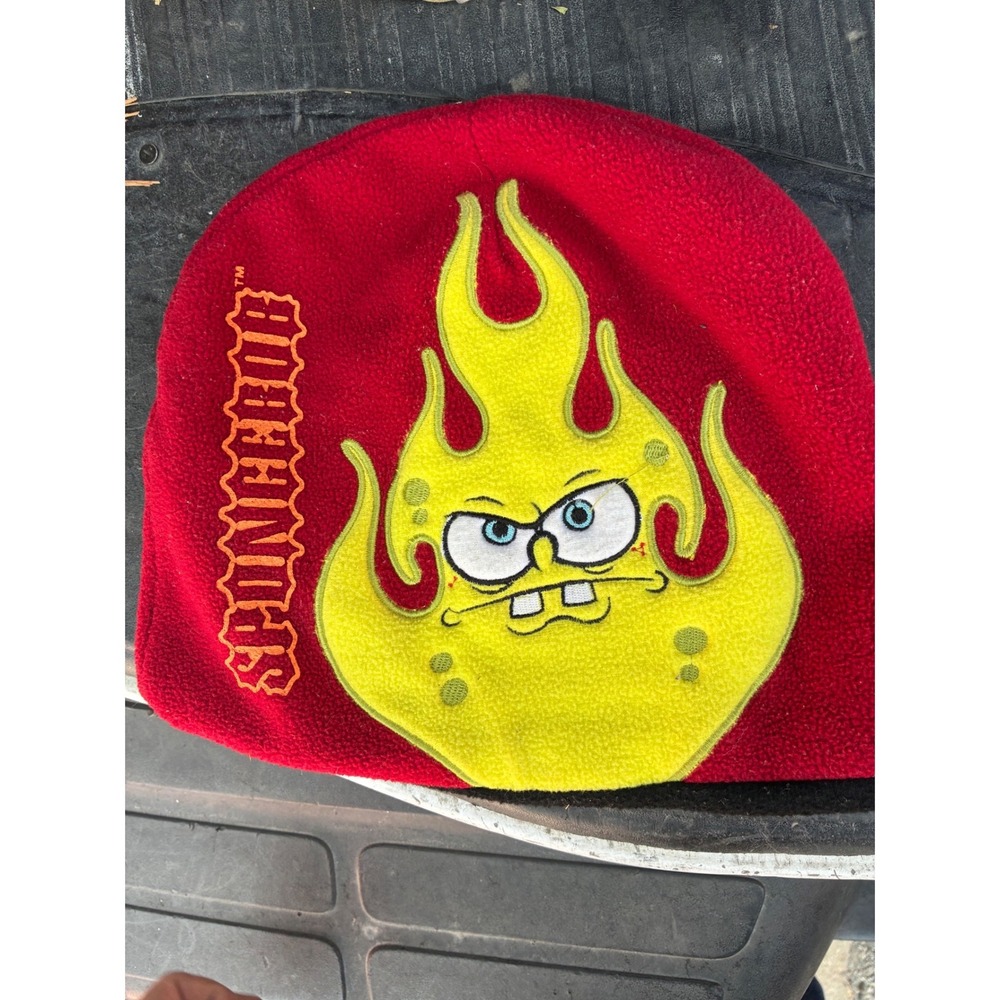 Vintage SpongeBob SquarePants Red Fleece Beanie Y2K Flame Graphic Skull Cap Hat